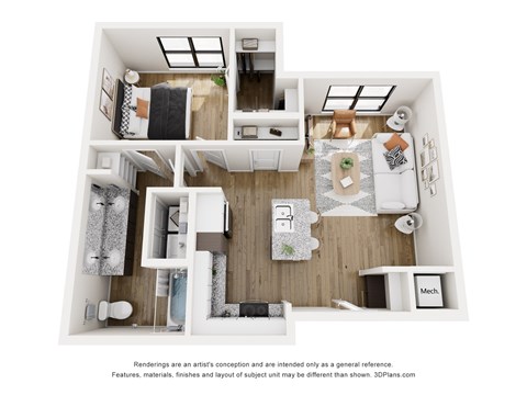 Floor plan for 1 bed, 1 bath, 718 sqft